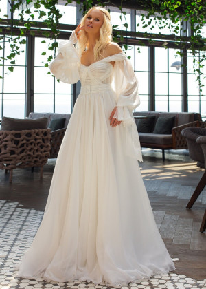Off Shoulder Beaded Ivory Pleated Chiffon Wedding Dress